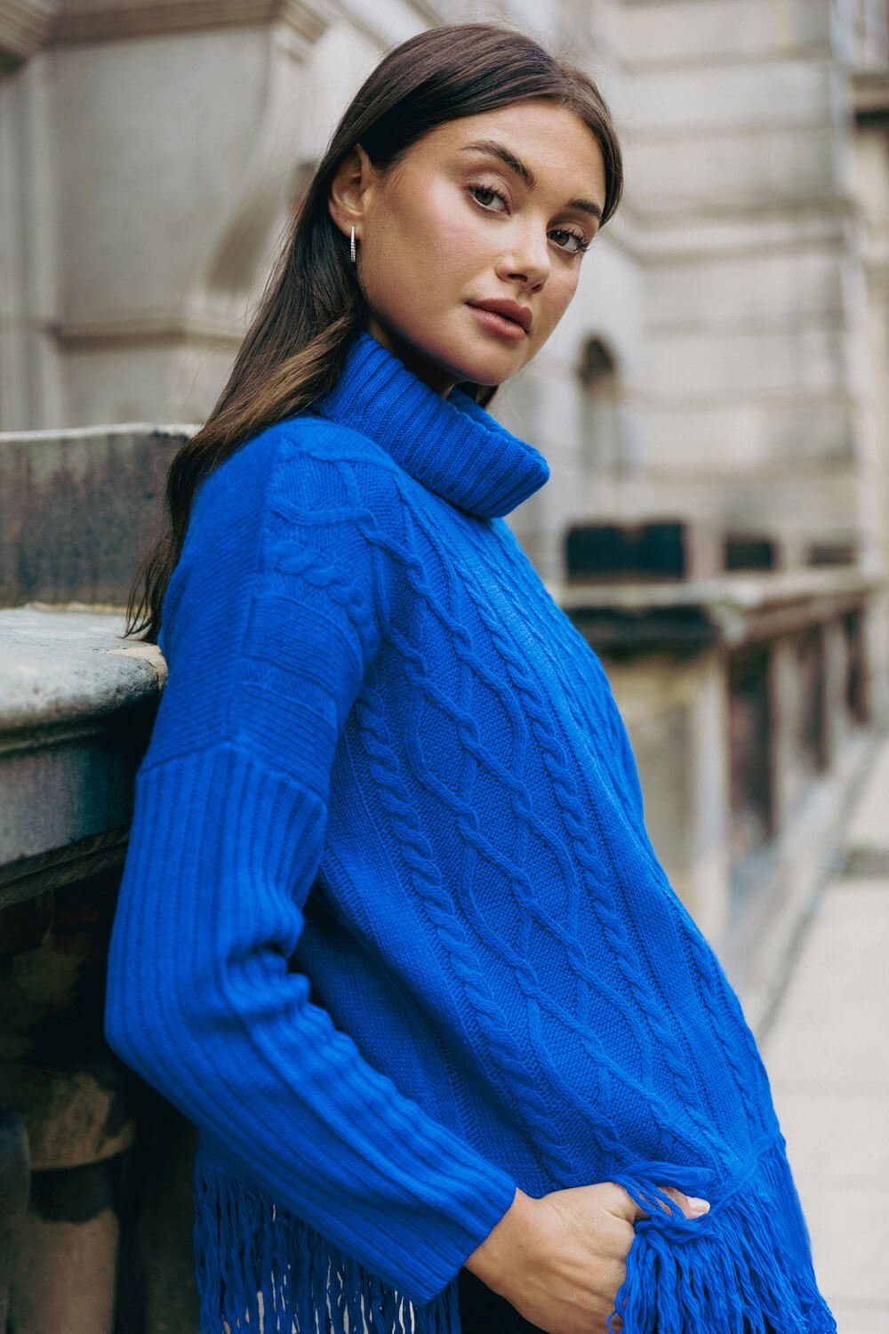 Blue Cable Knit Roll Neck Fringed Jumper, Image 3 of 6