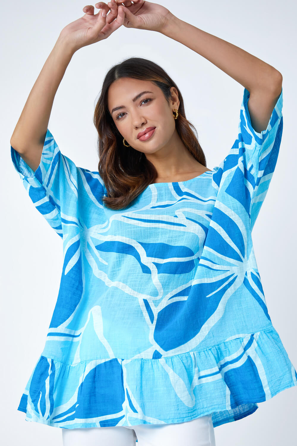 Blue Cotton Oversized Floral Tunic Top, Image 4 of 5