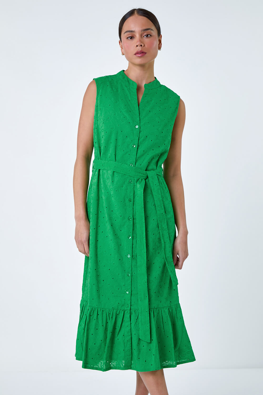 Green Petite Cotton Broderie Frill Midi Dress, Image 2 of 5