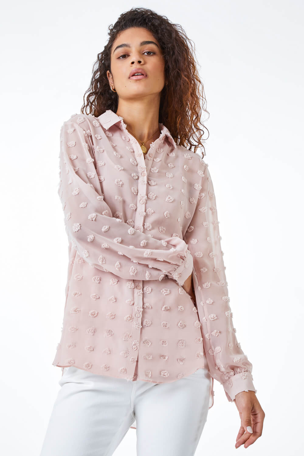 Textured Spot Button Up Blouse in Light Pink - Roman Originals UK