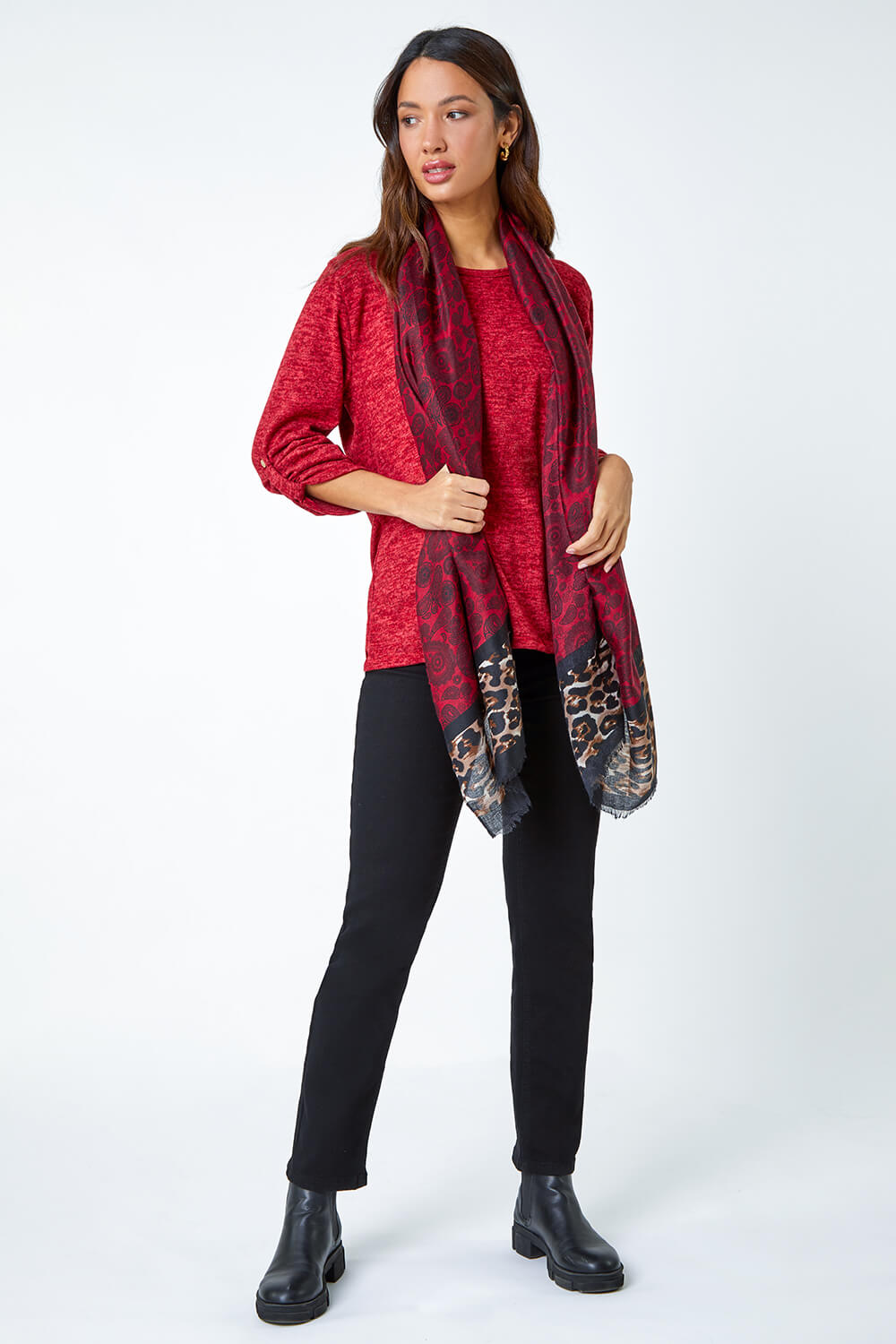 Red Stretch Top with Animal Print Scarf | Roman UK