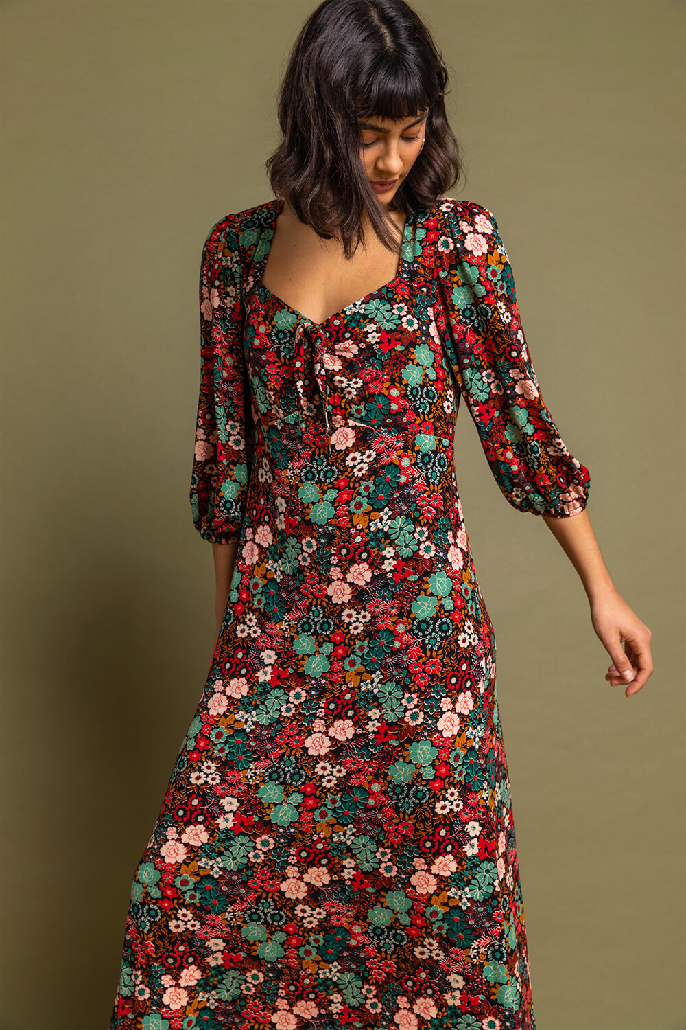 Rust Floral Print Tie Front Midi Dress, Image 4 of 5