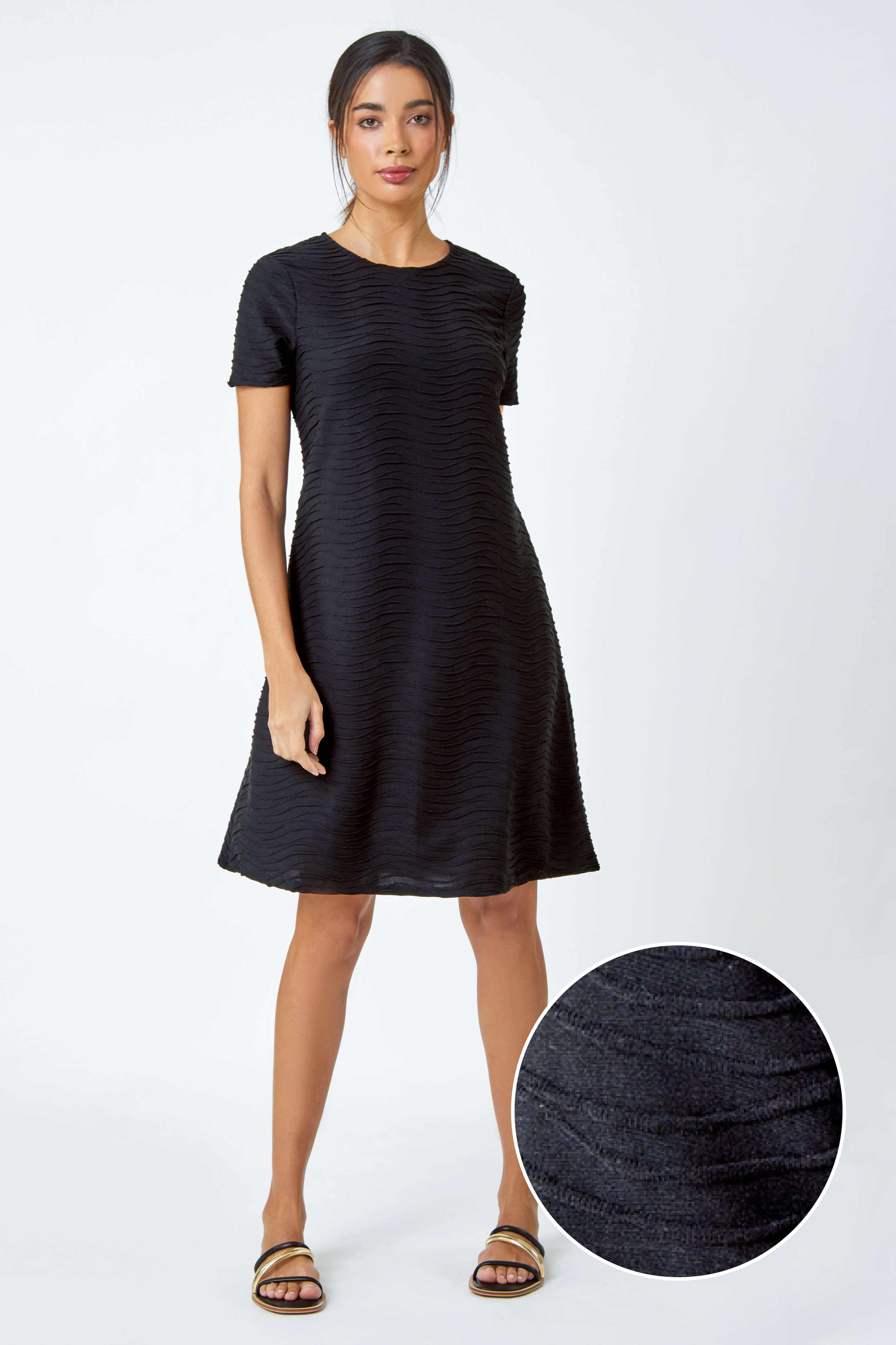 Black Textured A-Line Stretch Dress | Roman UK