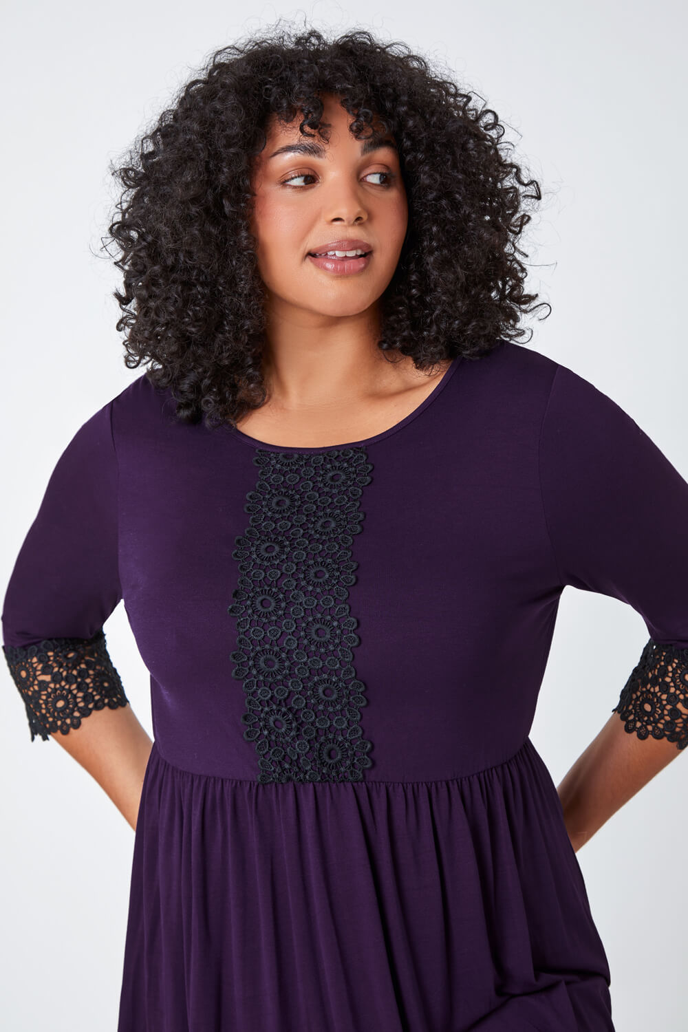 Purple Curve Lace Detail Stretch Tunic Top, Image 4 of 5