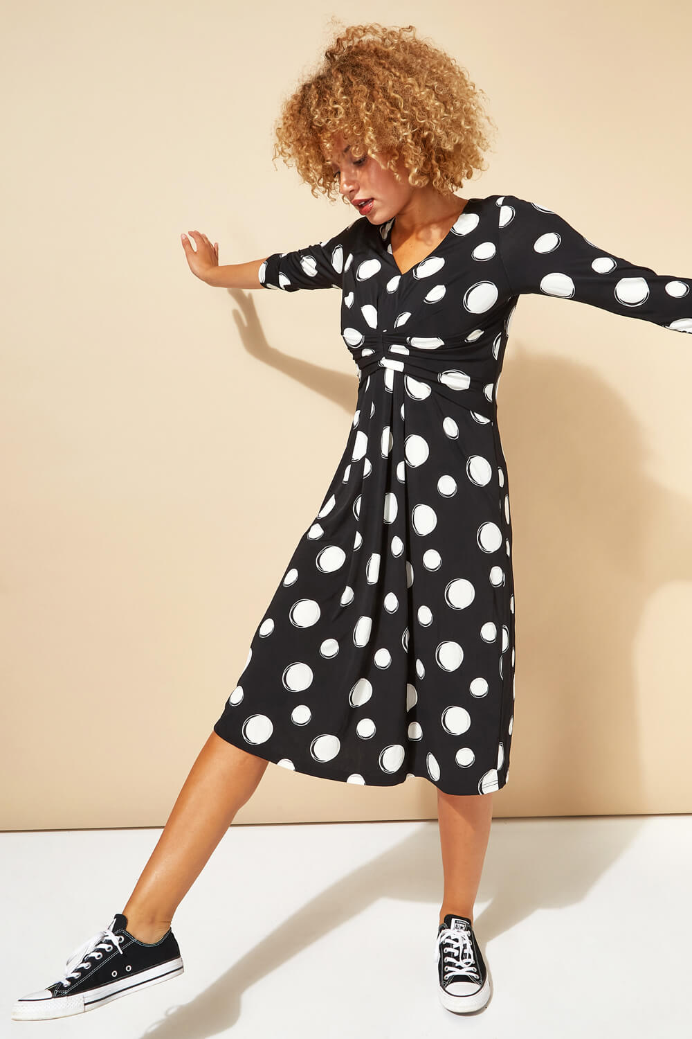 Black Spot Print Ruched Waist Fit & Flare Dress, Image 3 of 4