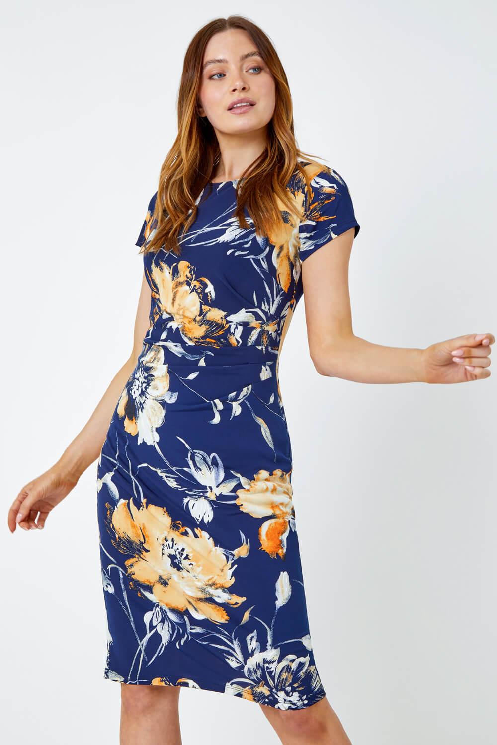 Fitted Textured Floral Print Ruched Dress