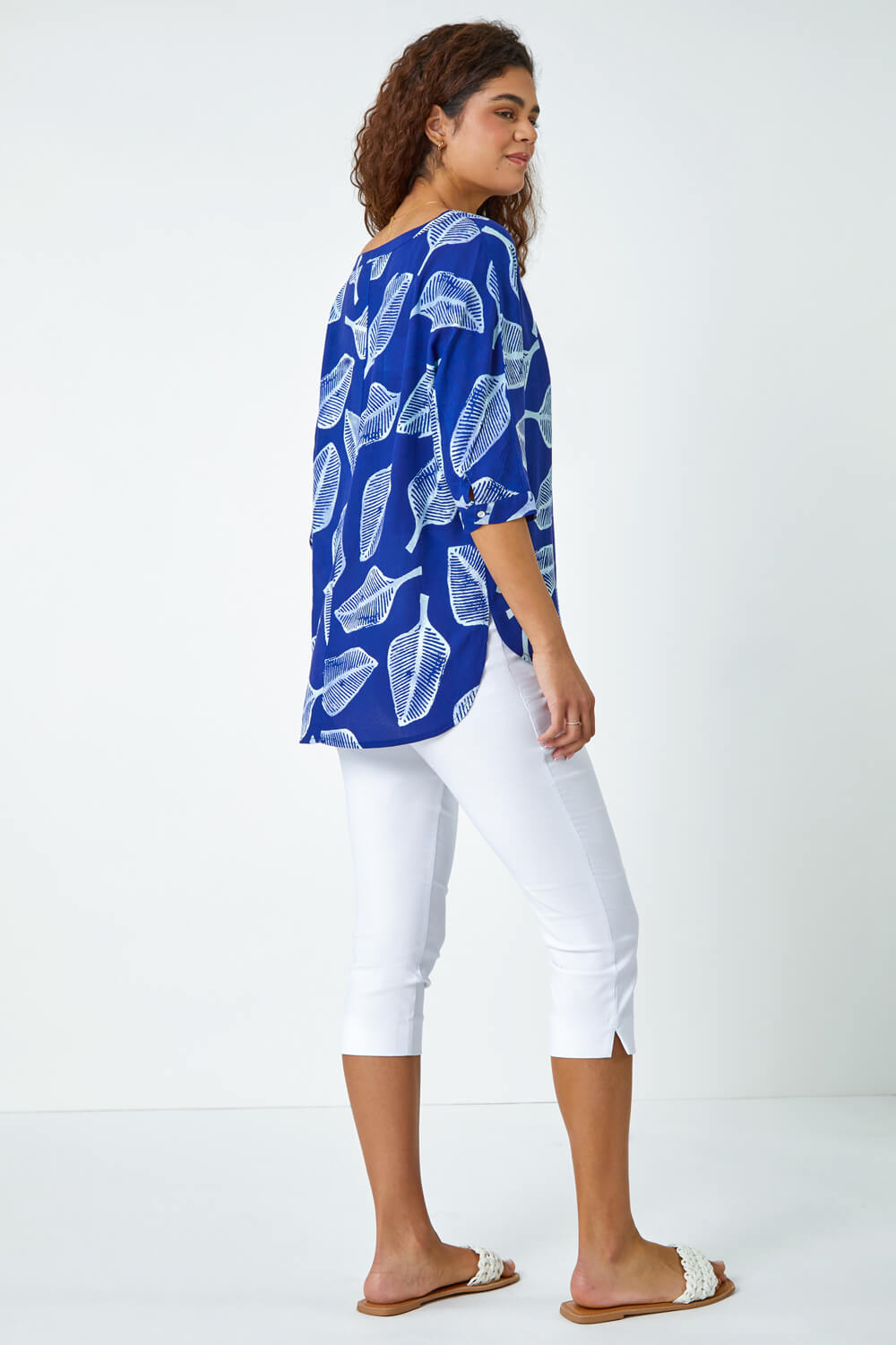 Blue Leaf Print Relaxed Tunic Top, Image 3 of 5