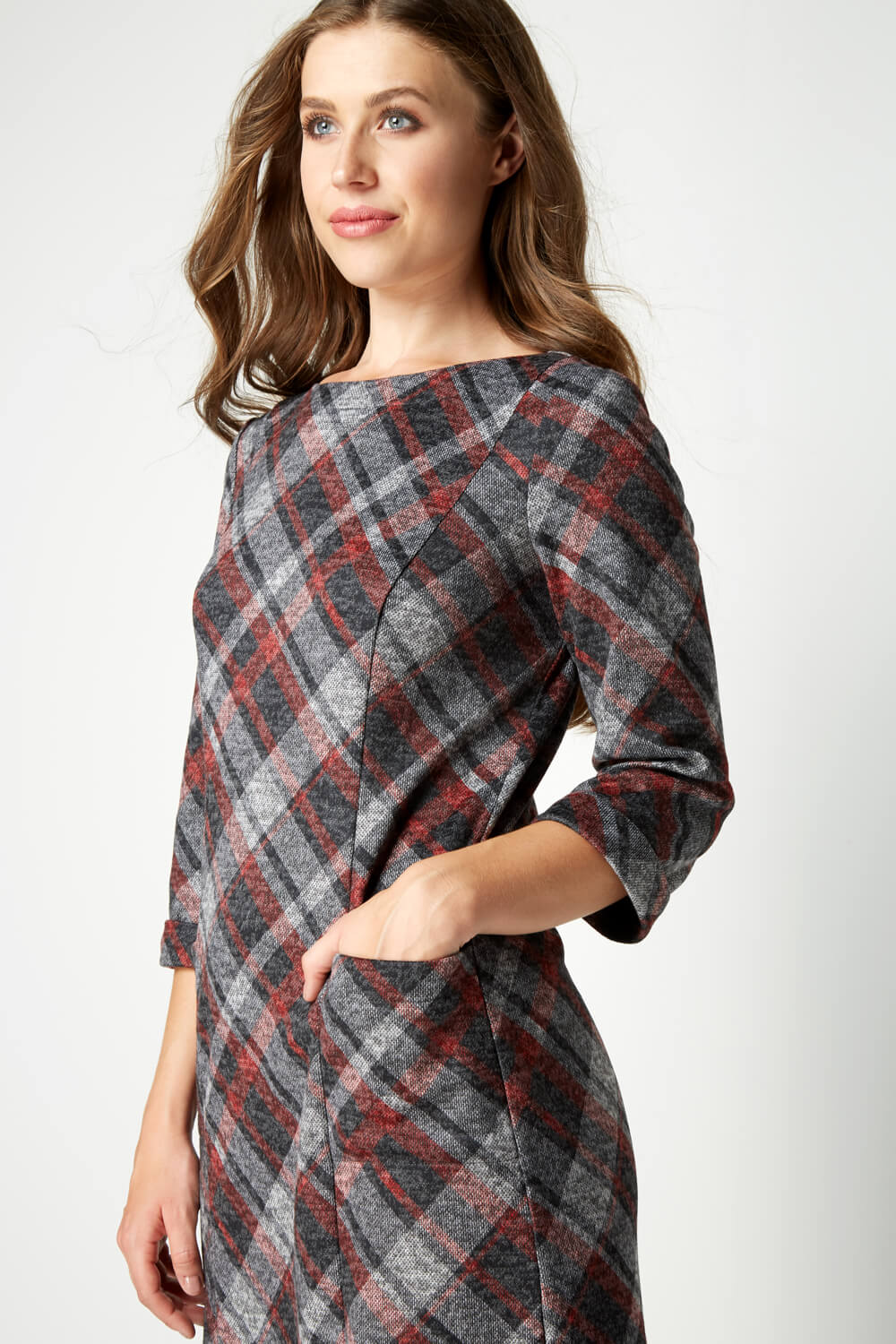 Red Check Print 3/4 Sleeve Shift Dress, Image 3 of 4