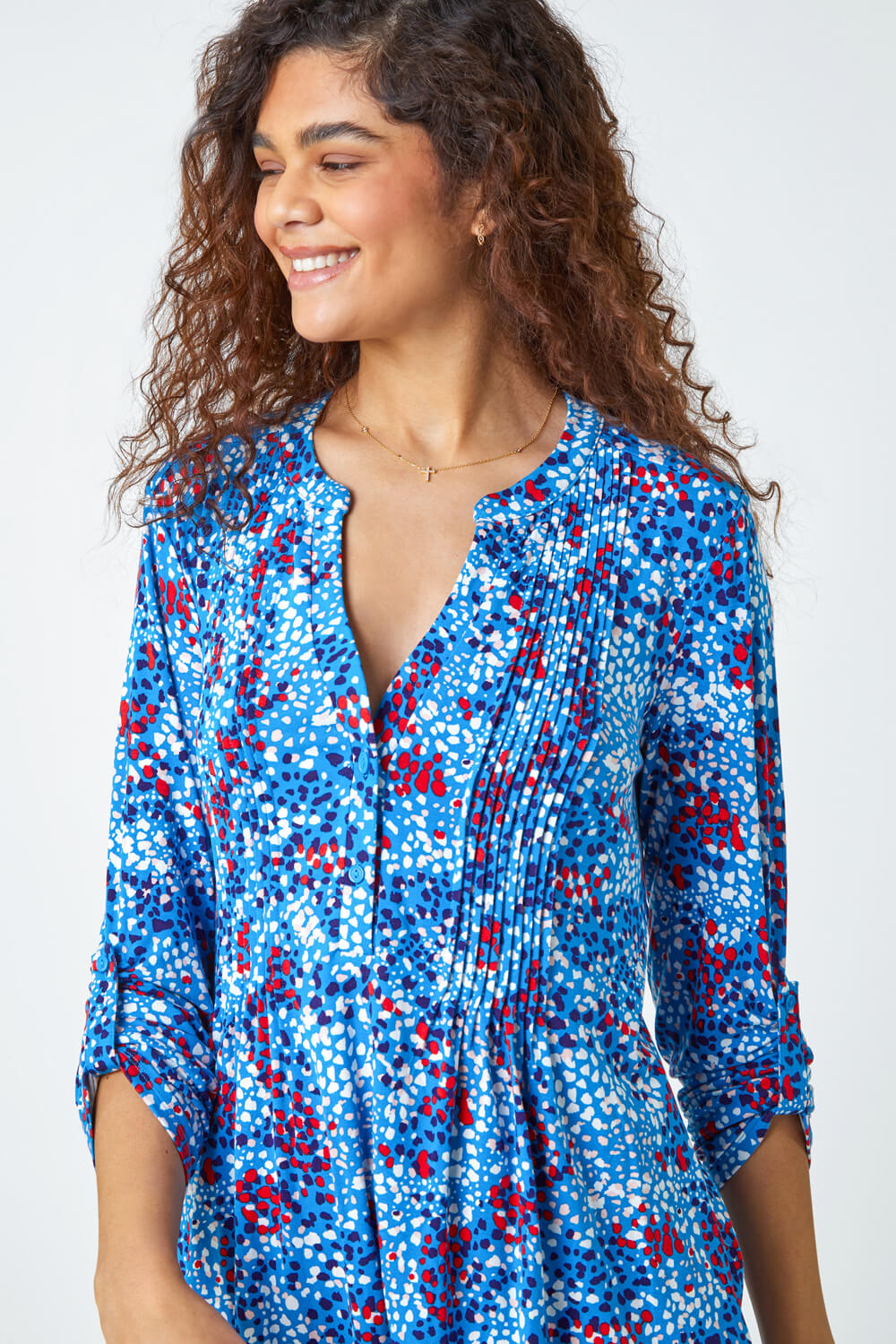 Blue Abstract Spot Pintuck Stretch Top, Image 4 of 5