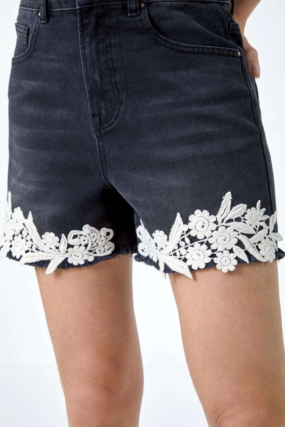 Black Lace Detail Denim Stretch Shorts, Image 5 of 5
