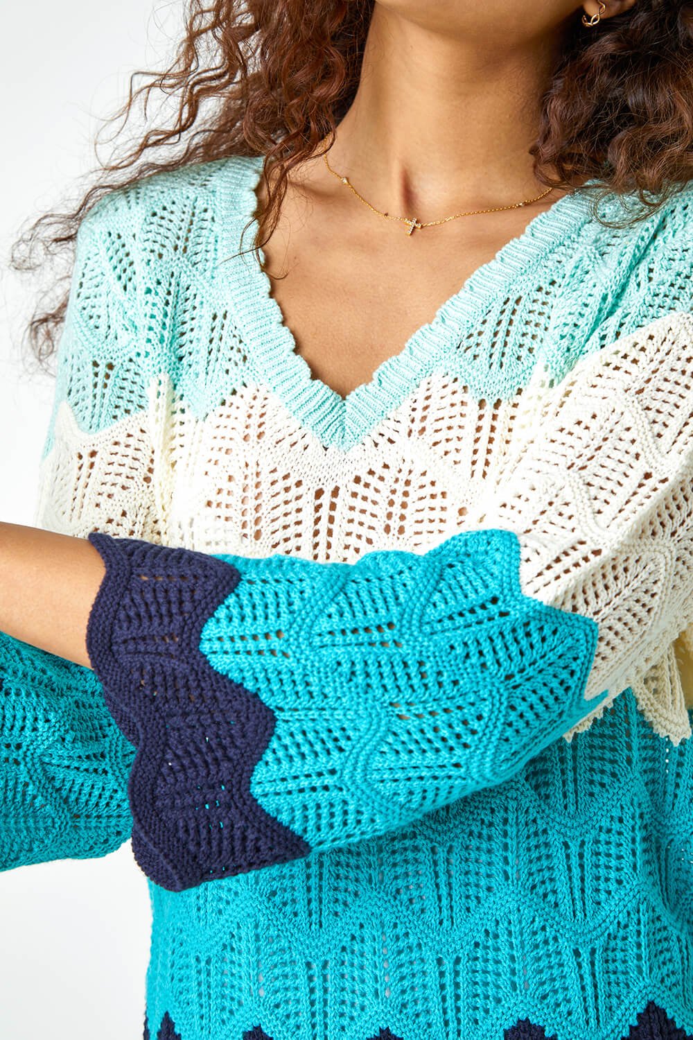 Turquoise Colour Block Crochet Knit Scalloped Jumper, Image 5 of 5