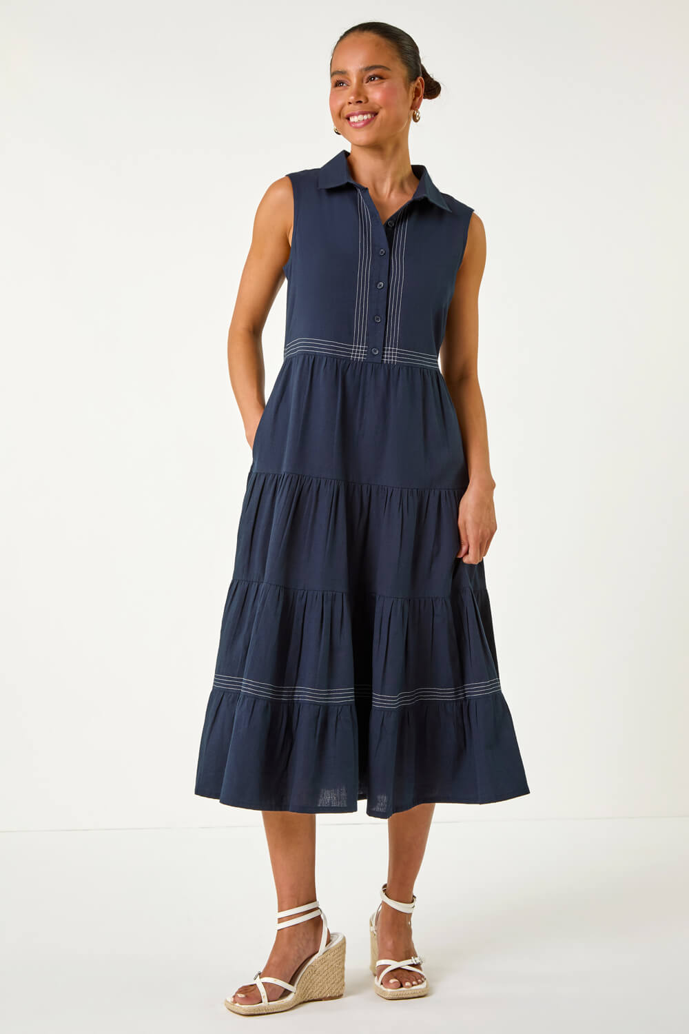 Navy  Petite Cotton Pocket Tiered Midi Dress, Image 2 of 5