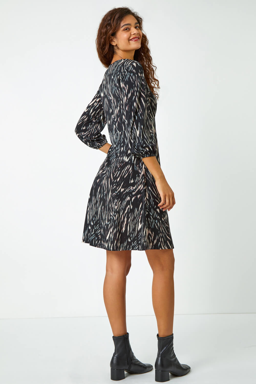 Black Abstract Print Stretch Swing Dress, Image 3 of 5