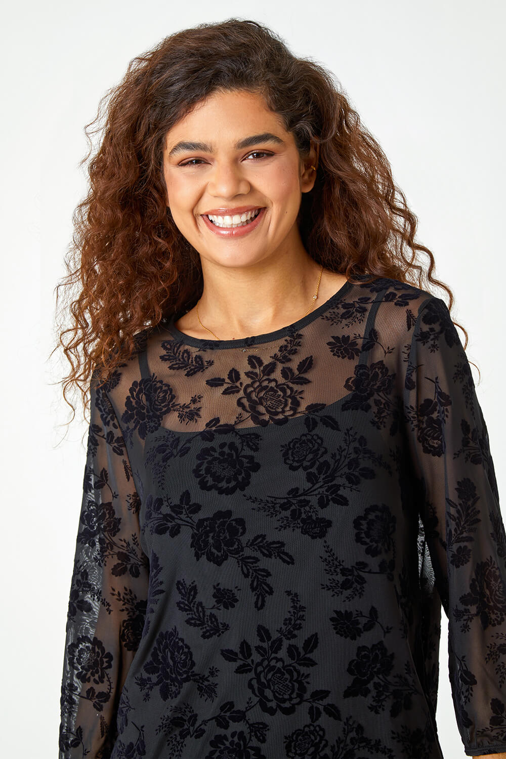 Black Textured Floral Print Mesh Stretch Top, Image 4 of 5