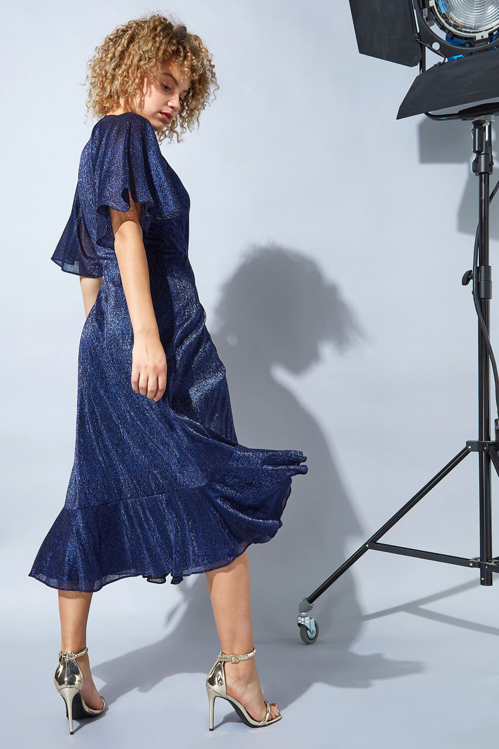 Midnight Blue Plisse Sparkle Wrap Maxi Dress, Image 2 of 4