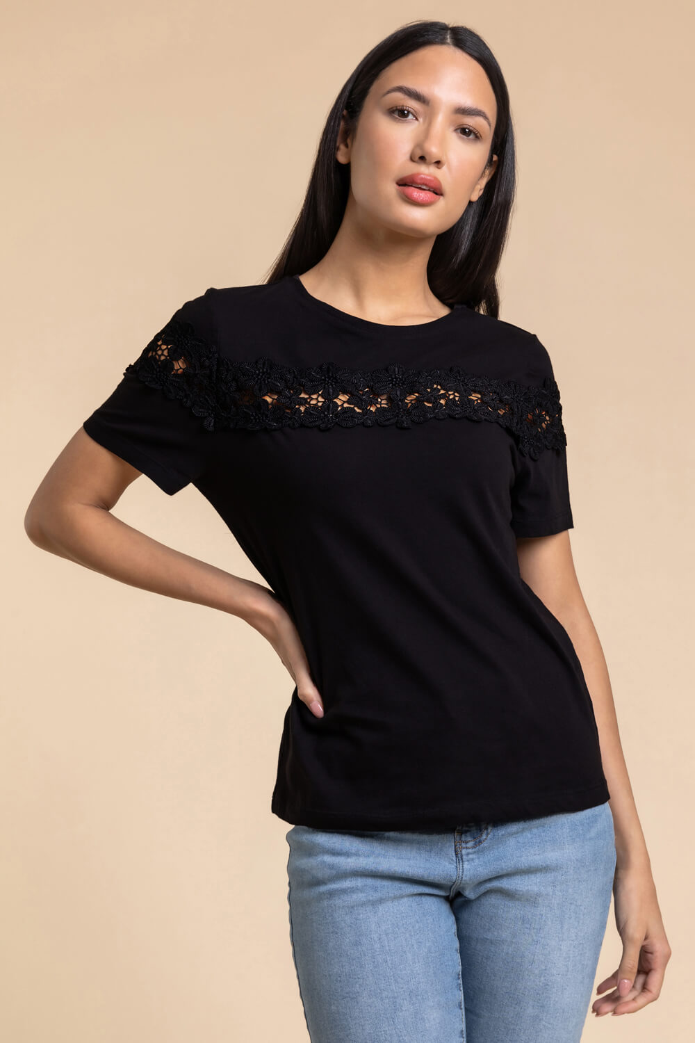 Lace Detail Jersey T-Shirt in Black - Roman Originals UK