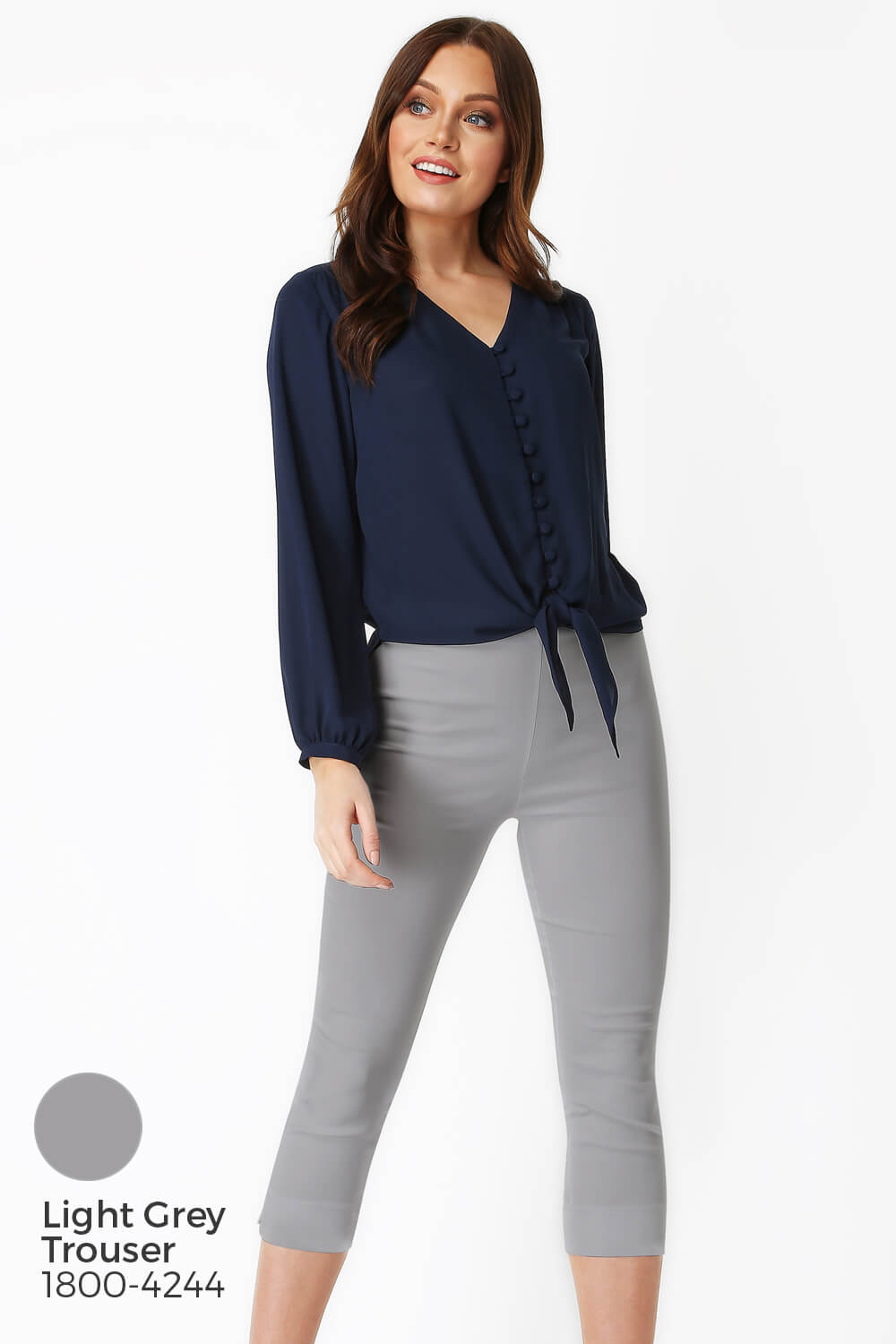 Navy Blue  Button Tie Front Blouse, Image 7 of 8