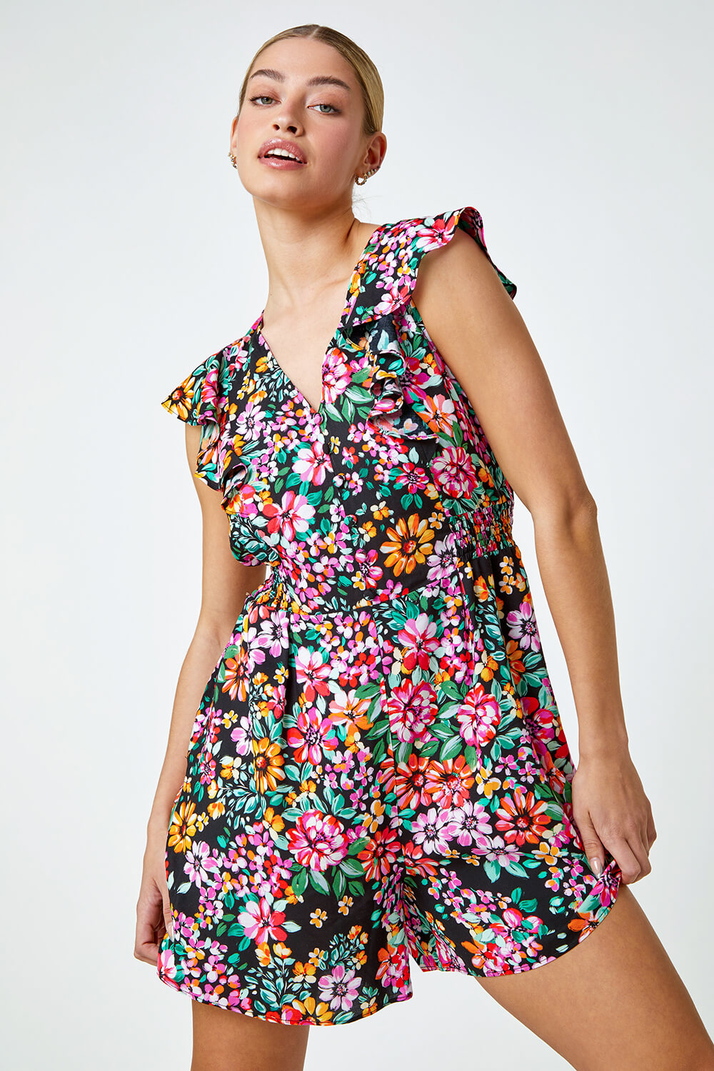 Black Ditsy Floral Print Frill Playsuit, Image 4 of 5