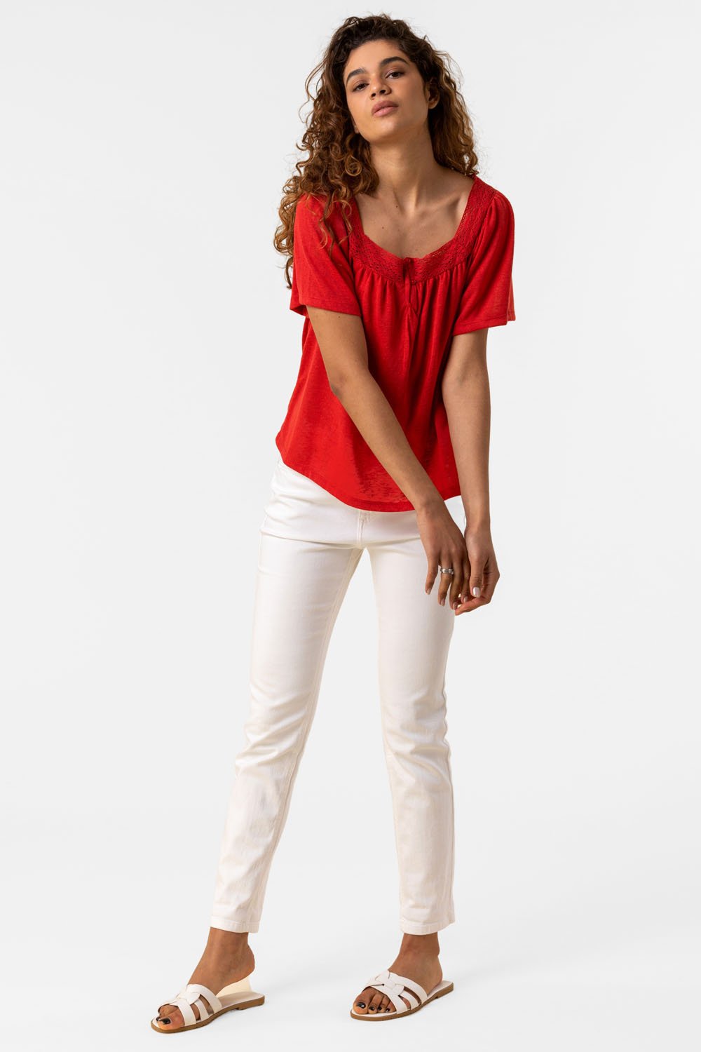 Lace Detail Square Neck Top in Red Roman Originals UK
