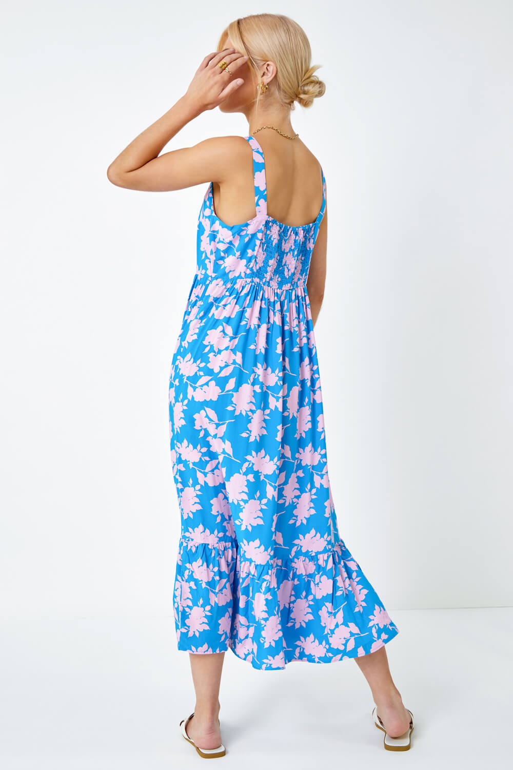 Sky Blue Sleeveless Floral Tiered Midi Dress, Image 3 of 5