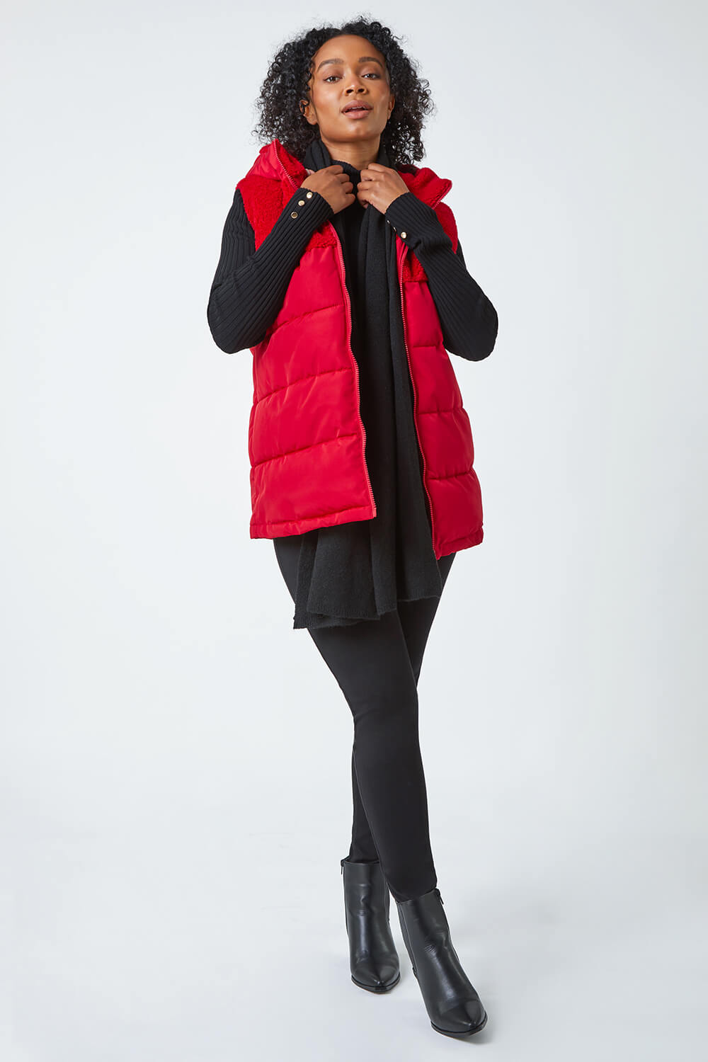 Red Petite Borg Detail Hooded Padded Gilet, Image 2 of 5
