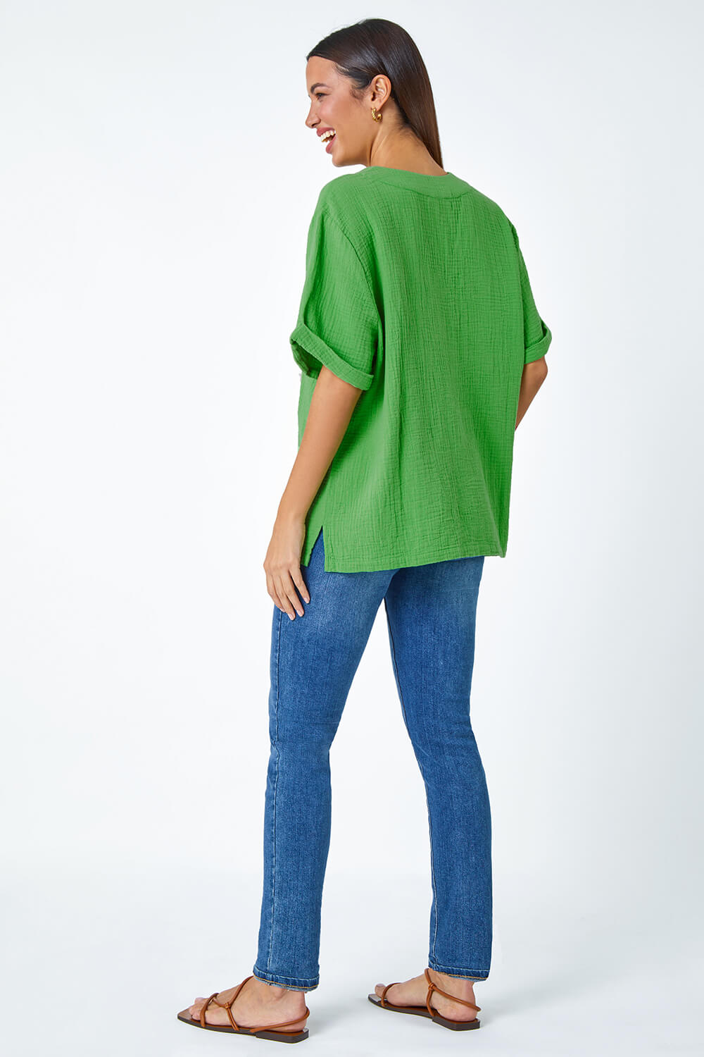 Green Textured Cotton Relaxed T-Shirt, Image 3 of 5