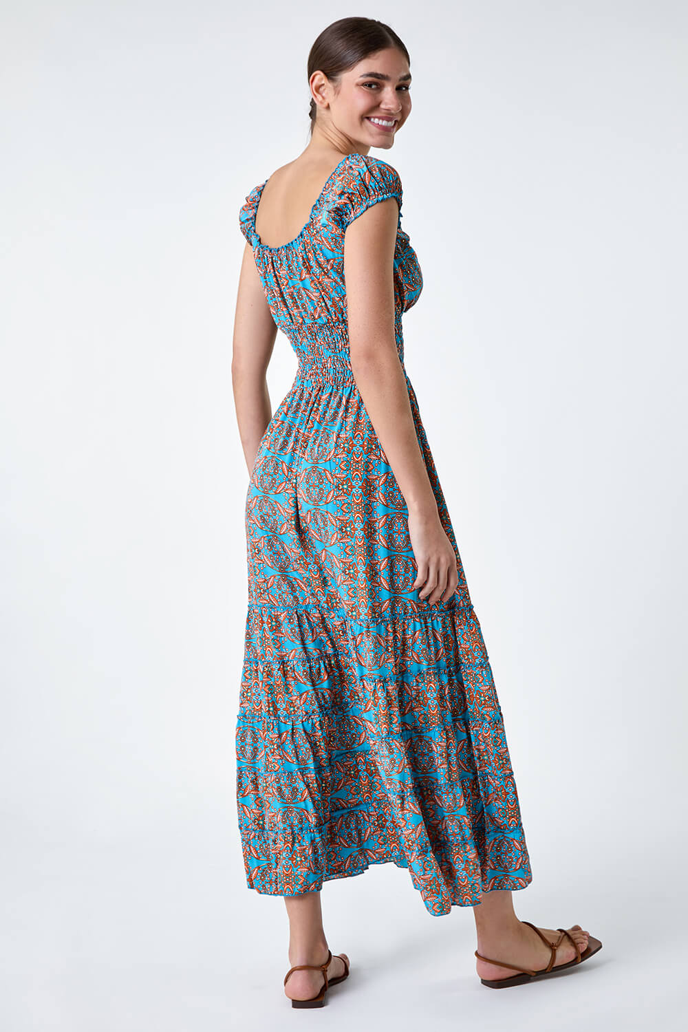 Blue Paisley Print Shirred Frill Maxi Dress, Image 3 of 5