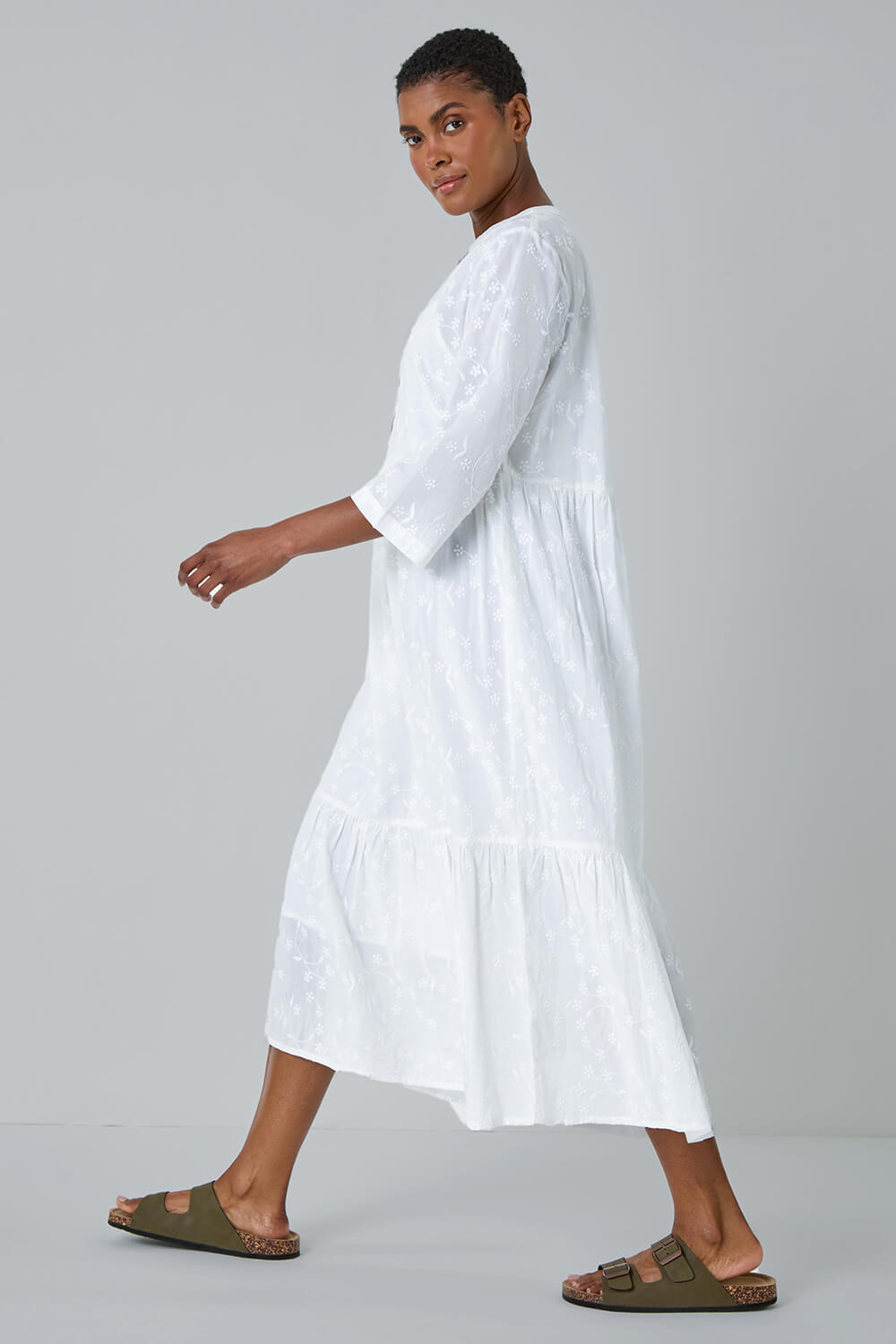 White Embroidered Tiered Cotton Midi Dress, Image 6 of 6