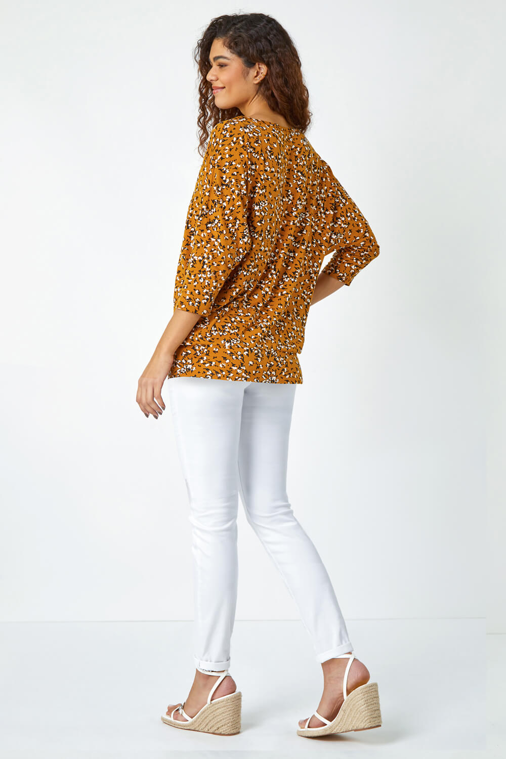 Ochre Ditsy Floral Stretch Blouson Top, Image 3 of 5