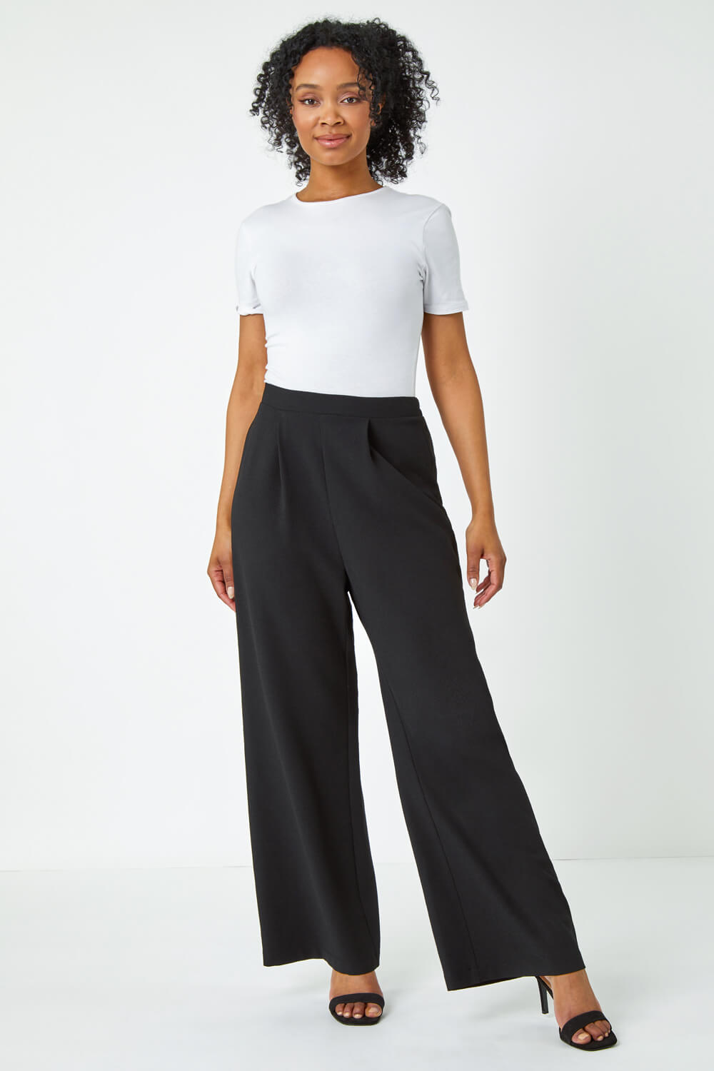 Black Petite Wide Leg Stretch Trousers, Image 4 of 5