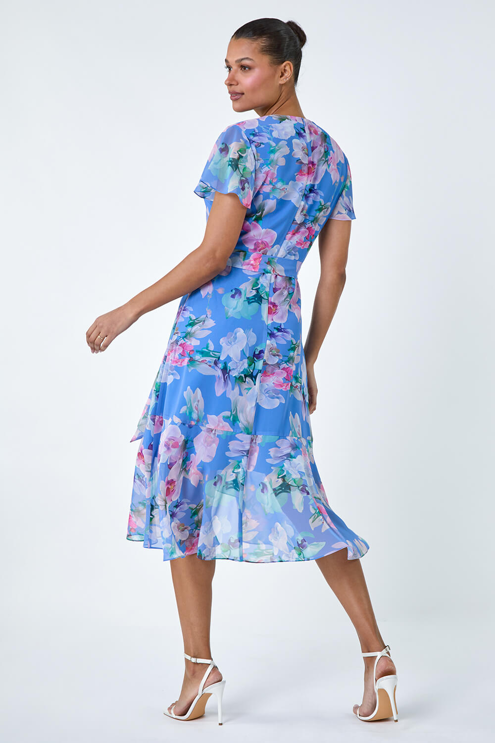 Light Blue  Floral Frill Detail Wrap Dress, Image 3 of 5