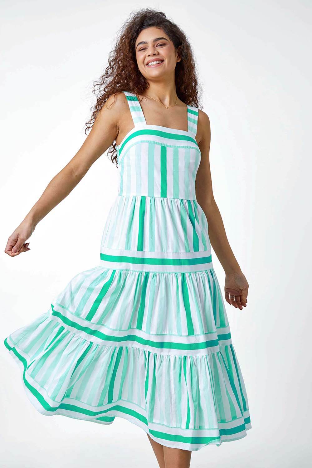 Cotton Stripe Print Tiered Maxi Dress