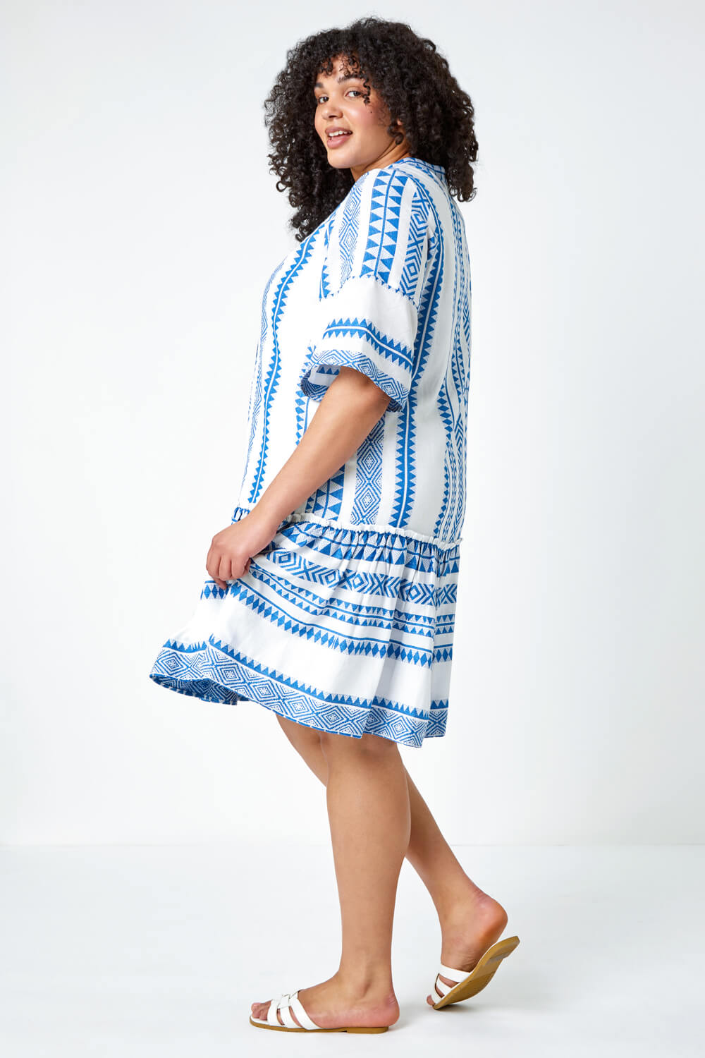 Blue Curve Embroidered Cotton Blend Dress, Image 3 of 5