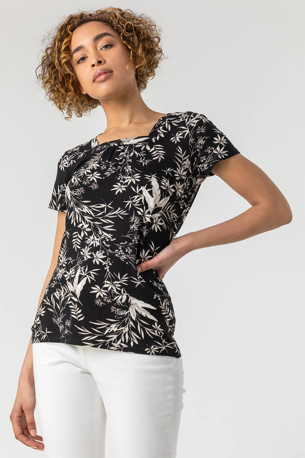 Black Ditsy Floral Square Neck T-Shirt, Image 2 of 5
