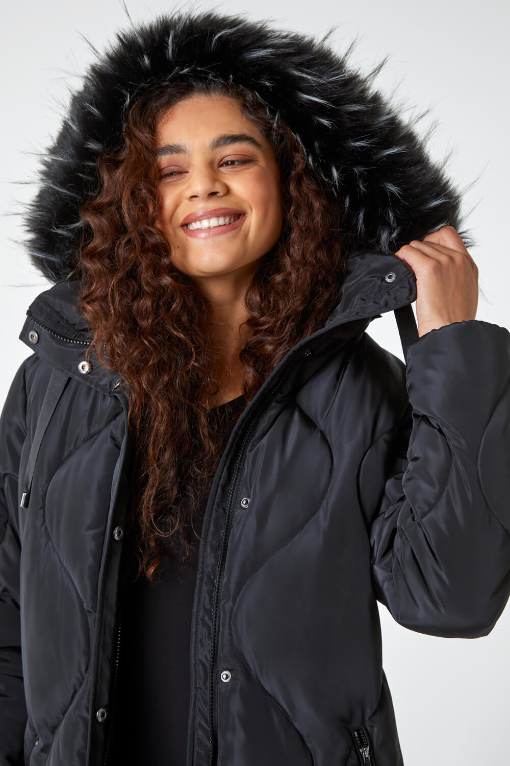 Black Quilted Faux Fur Hooded Coat | Roman UK