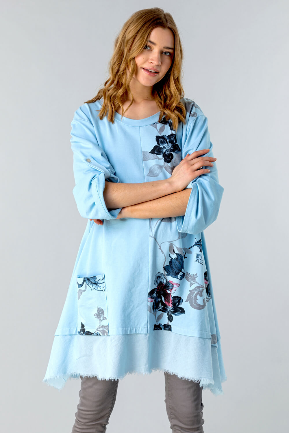 Light Blue  Floral Slouchy Pocket Tunic Top, Image 4 of 4