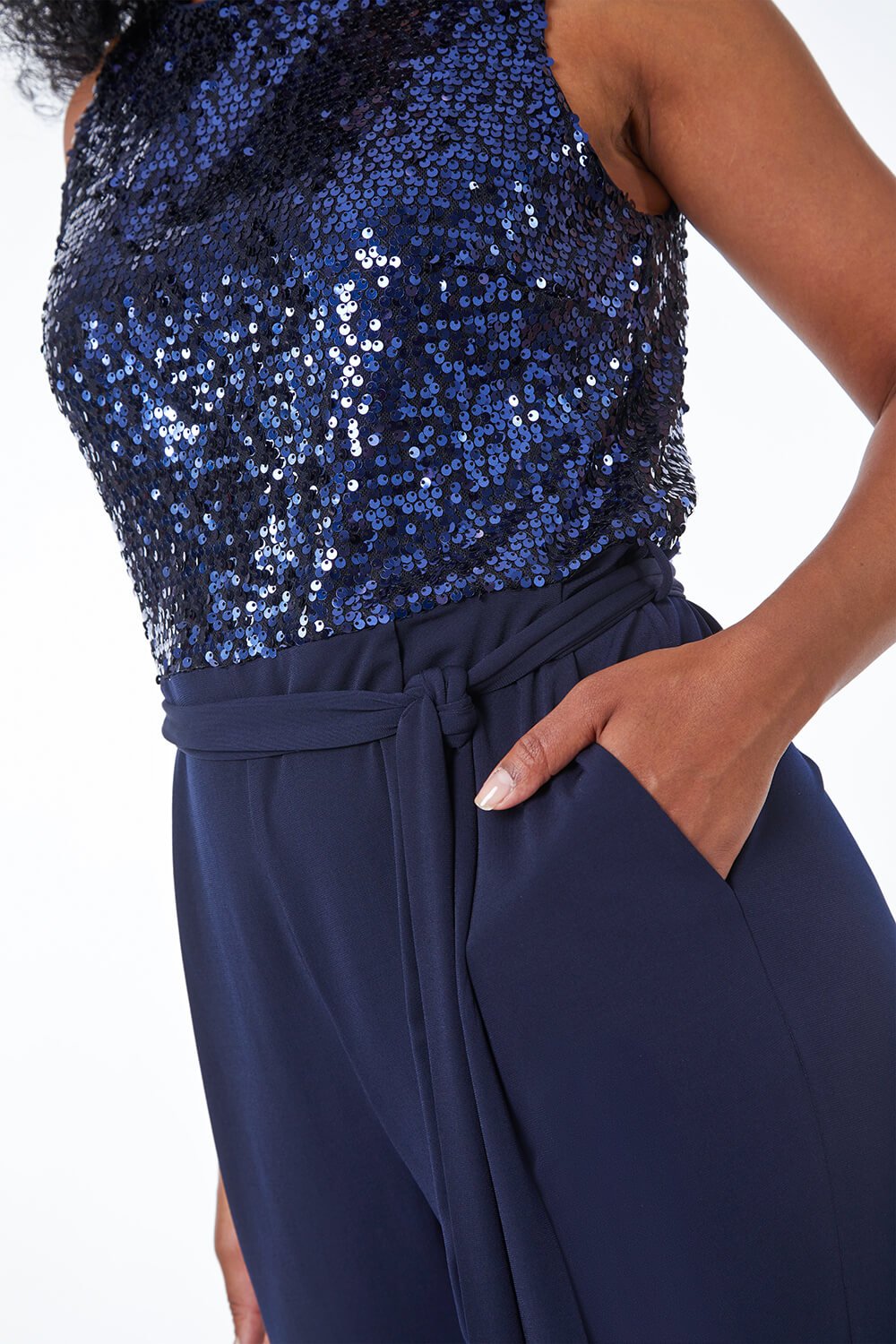 Navy  Petite Stretch Sequin Jumpsuit, Image 5 of 5