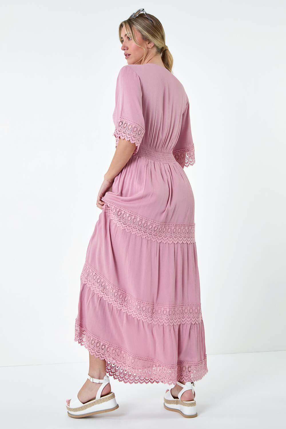Light Pink Tiered Lace Detail Maxi Dress, Image 3 of 5