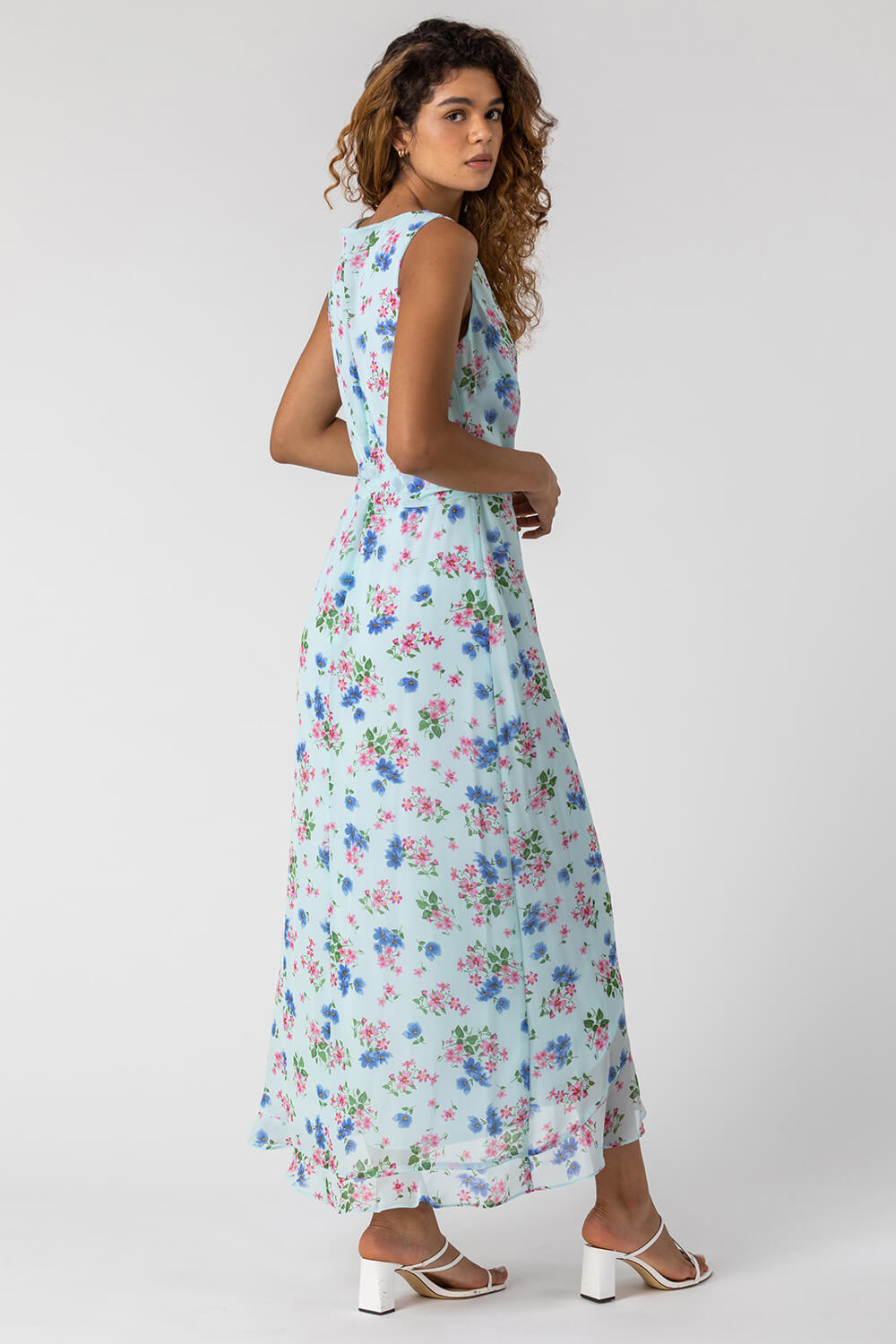 Blue Tie Waist Floral Print Maxi Dress, Image 2 of 4