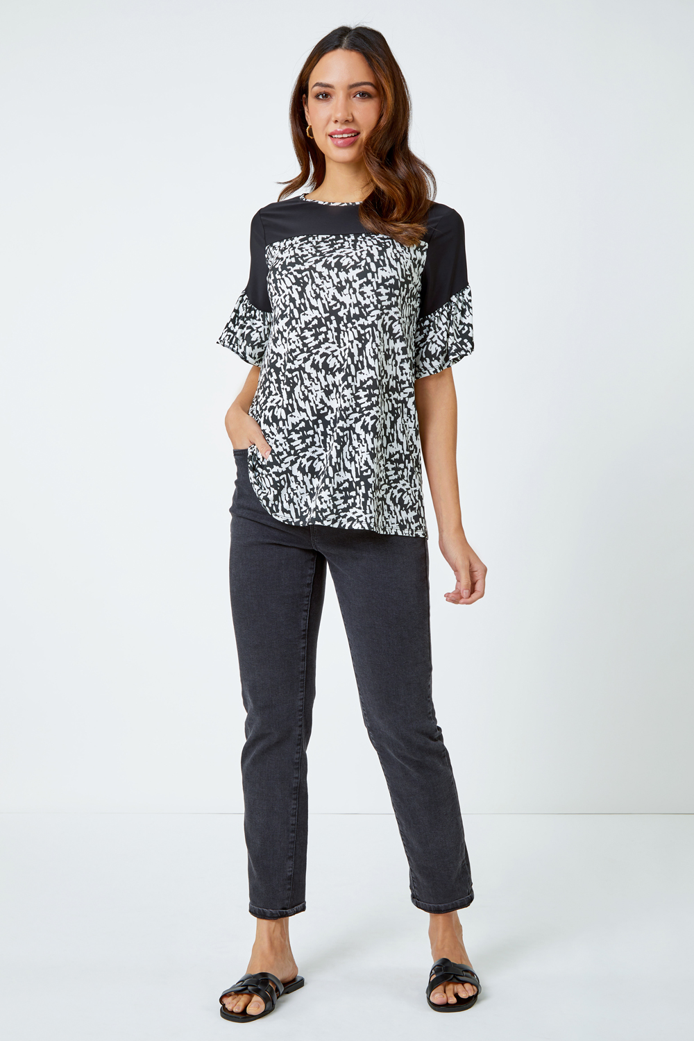 Black Contrast Frill Sleeve T-Shirt, Image 4 of 5