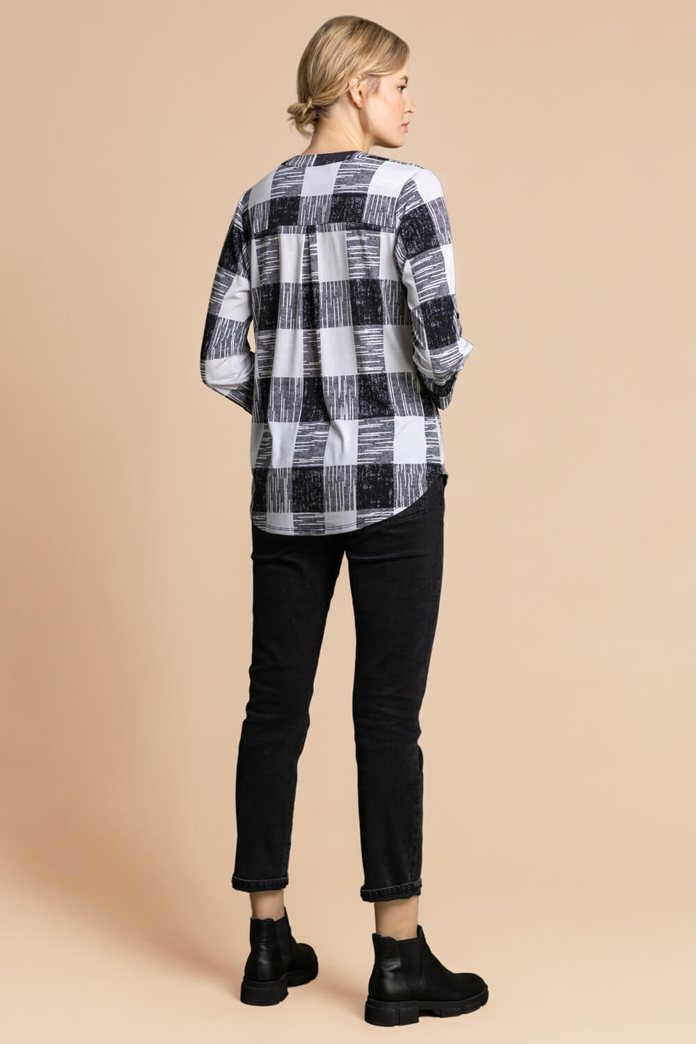 Black Textured Check Print Jersey Top, Image 2 of 5
