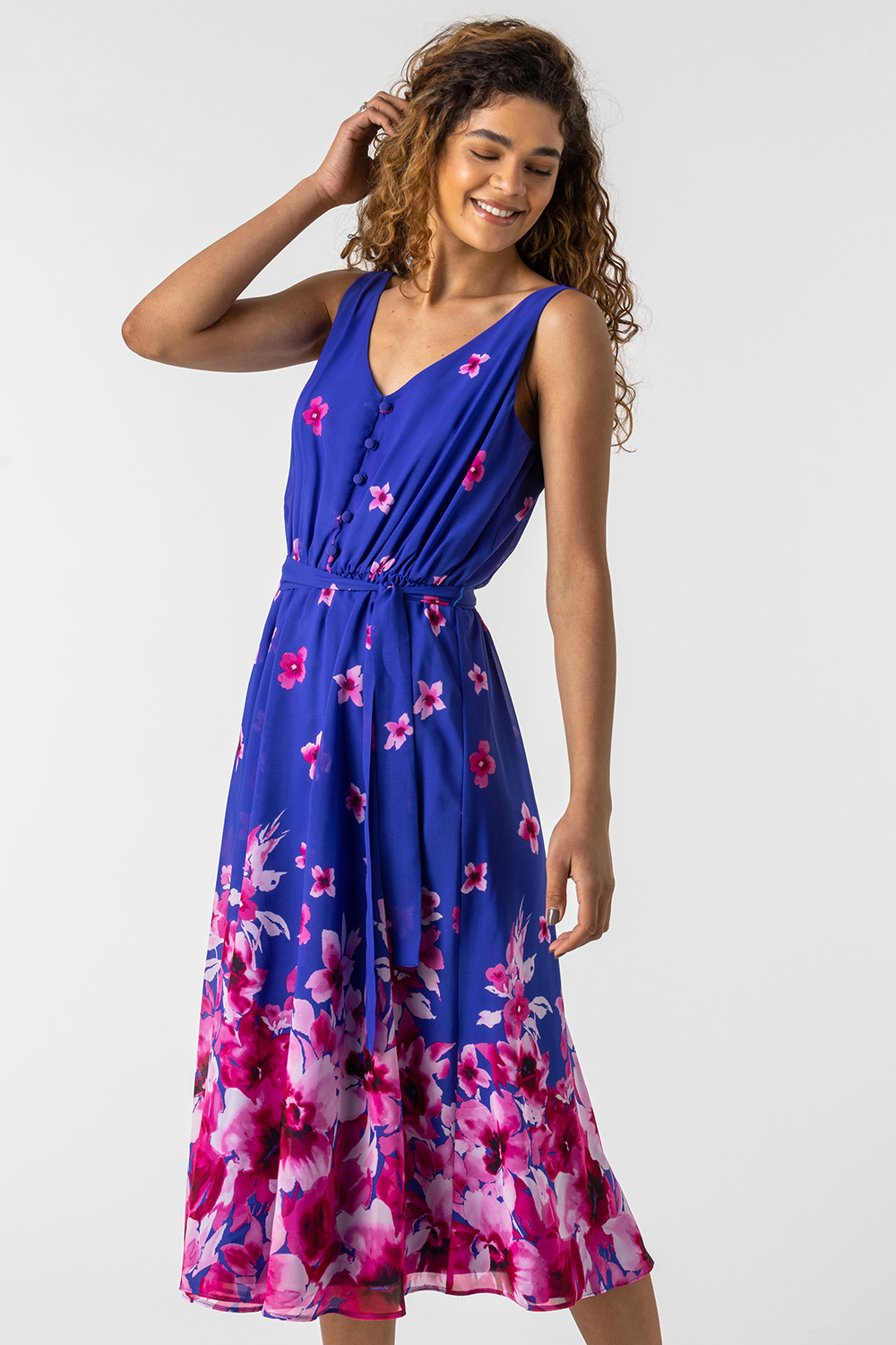 Blue Floral Print Belted Midi Dress, Image 3 of 5