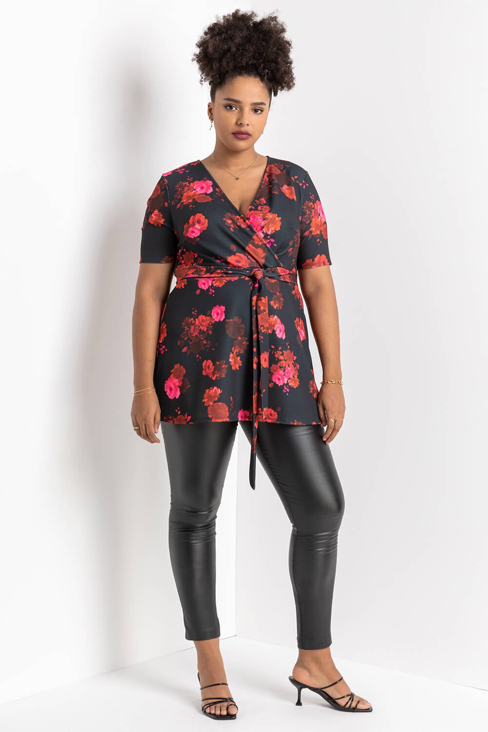 Red Curve Floral Print Wrap Top, Image 3 of 4