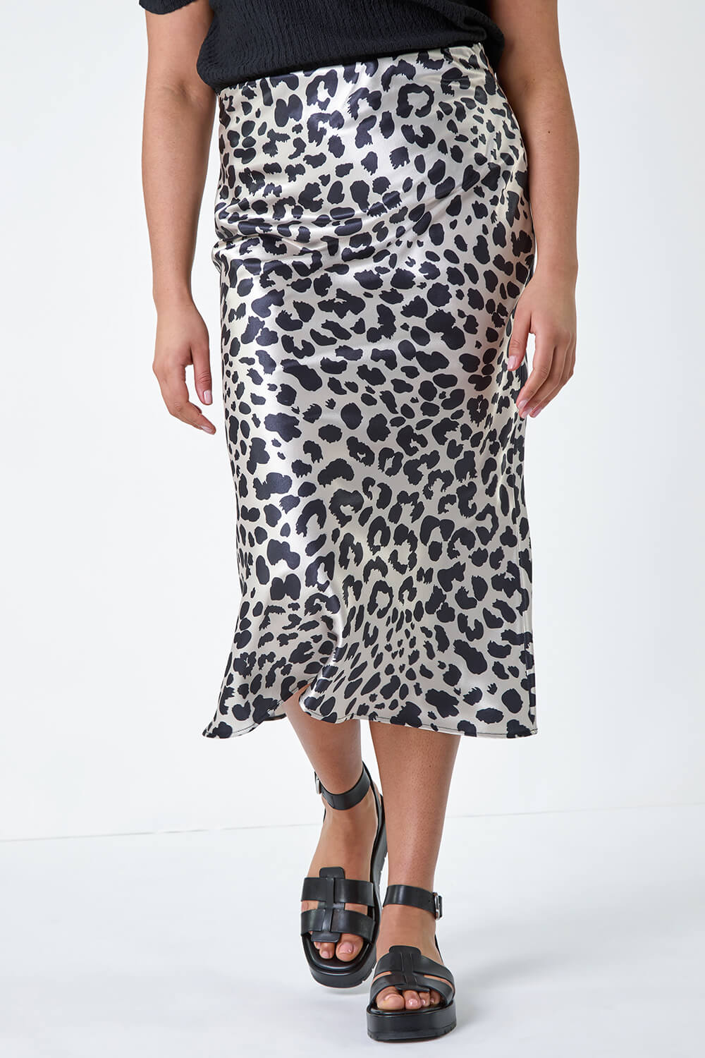 Black Curve Animal Print Satin Skirt | Roman UK