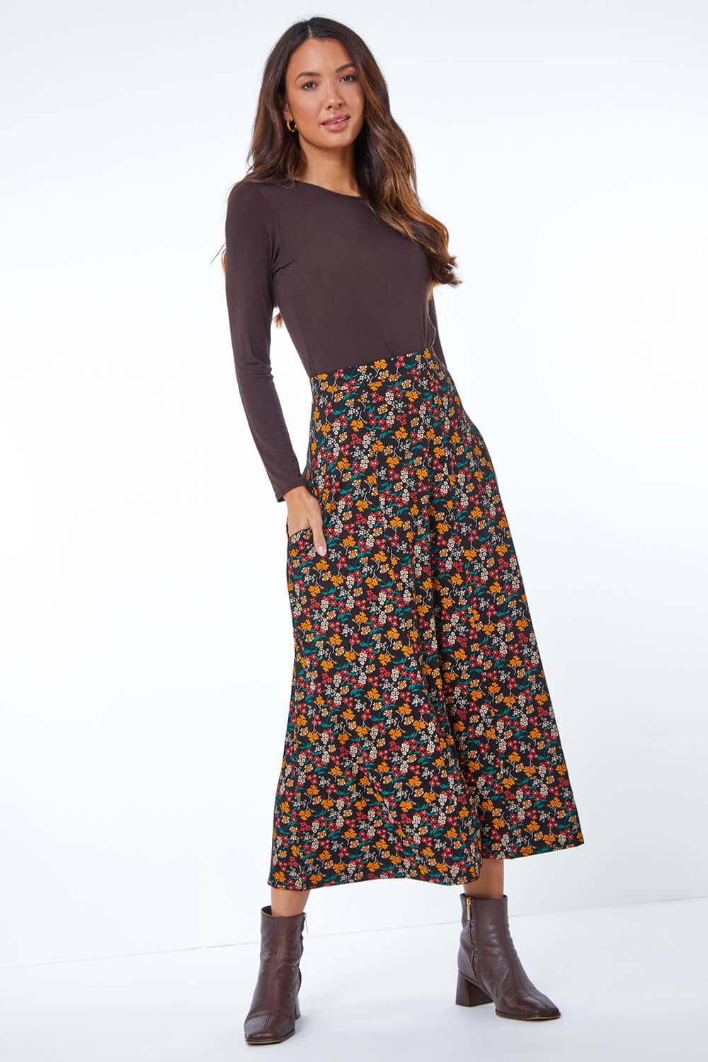 Floral Print Pocket Detail Midi Skirt in Black - Roman Originals UK