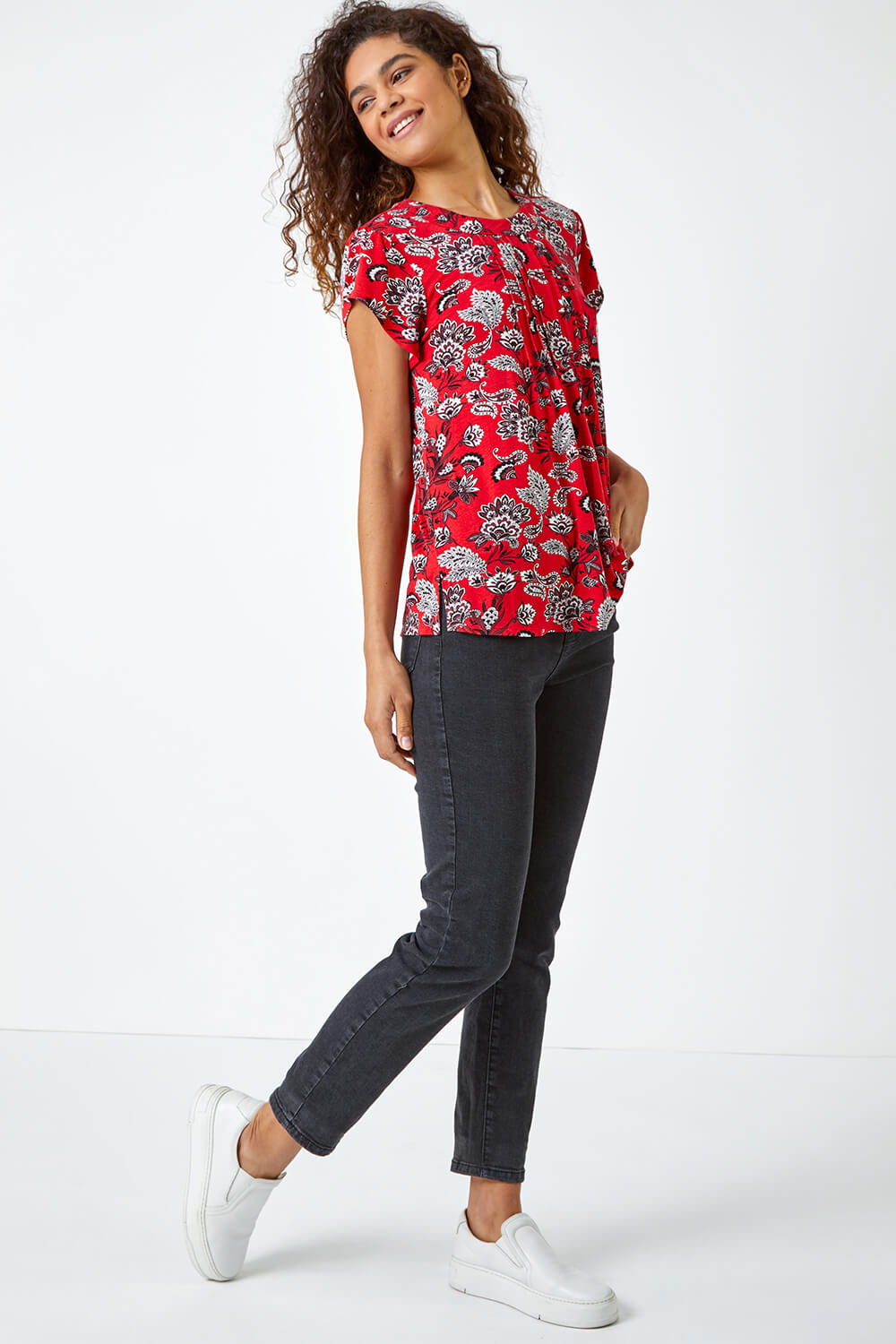 Red Paisley Print Pleat Detail Blouse, Image 2 of 5
