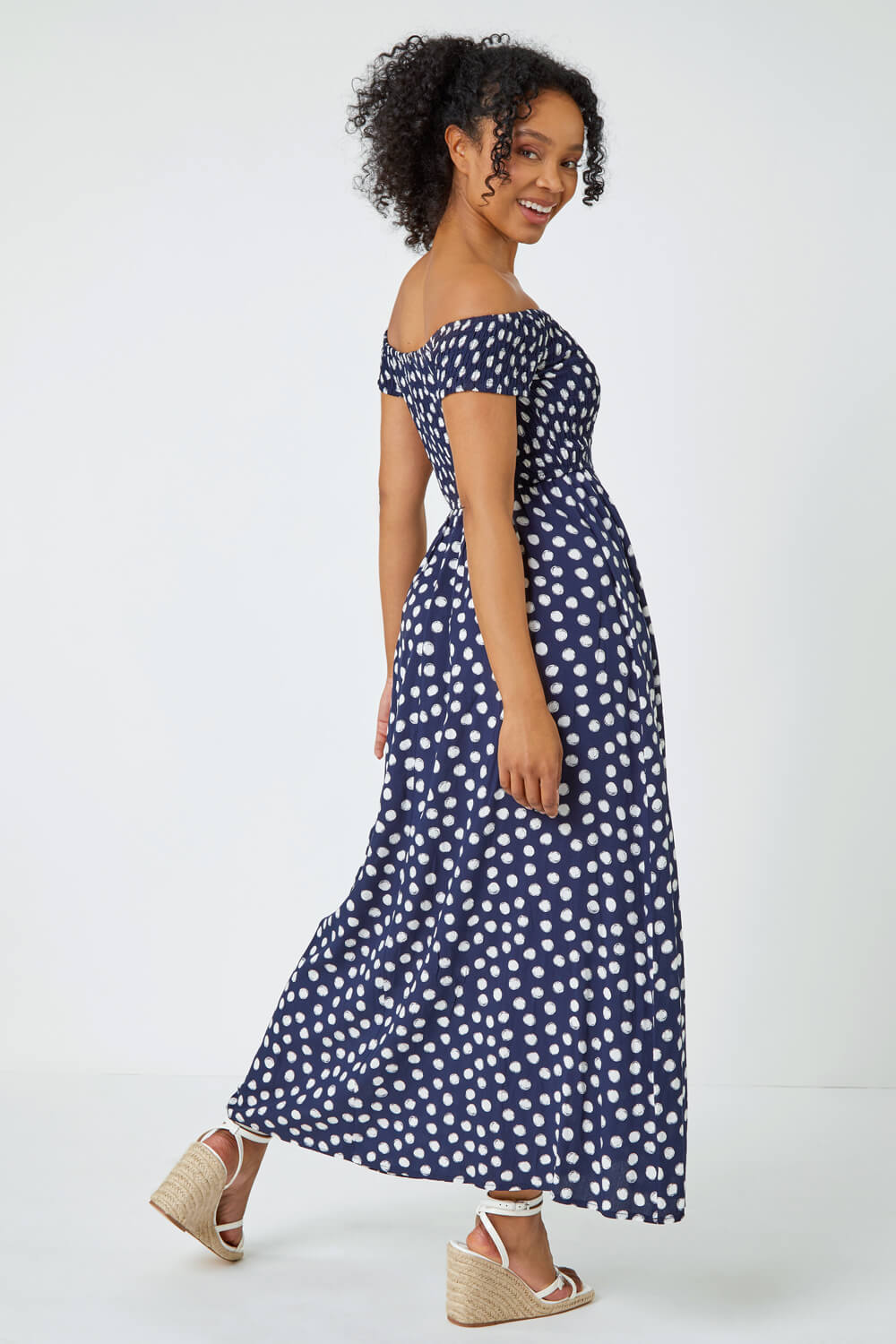 Navy  Petite Polka Dot Bardot Maxi Dress, Image 3 of 5