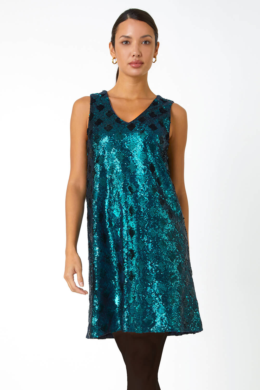 Emerald Sequin Diamond Print Swing Stretch Dress, Image 2 of 5