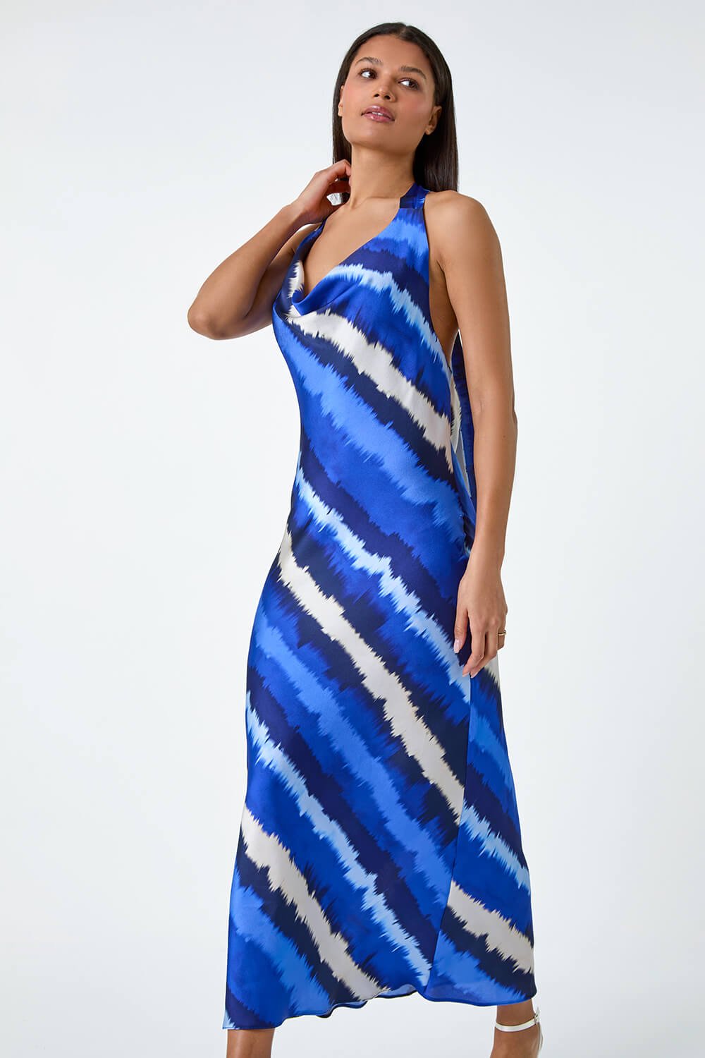 Royal Blue Stripe Print Satin Bias Cut Dress, Image 3 of 5