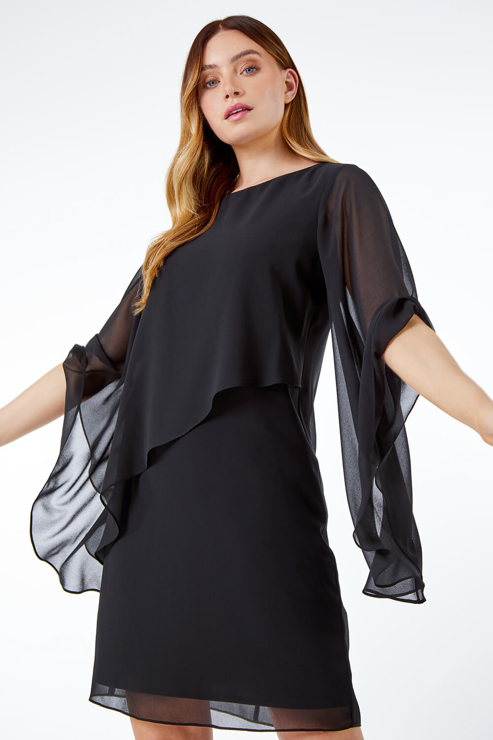 Black Asymmetric Chiffon Overlay Shift Dress, Image 4 of 5